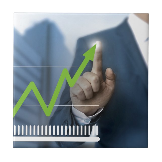 Man showing stock price touchscreen concept tile (Front)