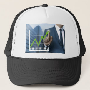 Man showing stock price touchscreen concept trucker hat