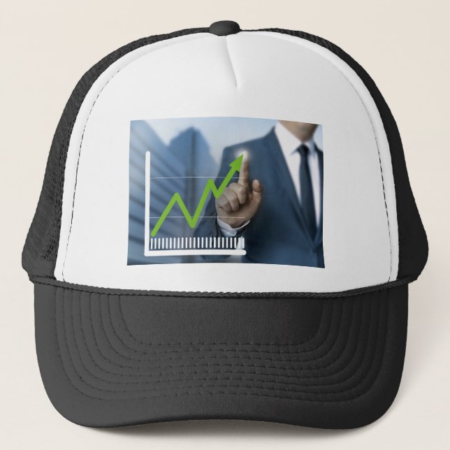 Man showing stock price touchscreen concept trucker hat (Front)