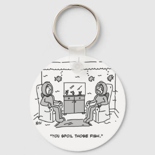 Man Spoils His Tropical Fish - Funny Cartoon on a Key Ring