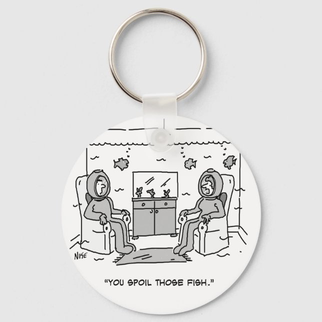 Man Spoils His Tropical Fish - Funny Cartoon on a Key Ring (Front)
