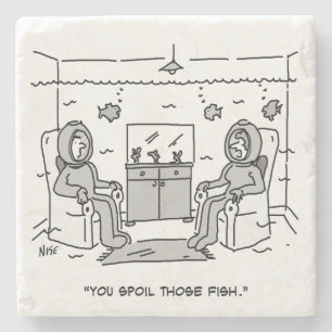 Man Spoils His Tropical Fish - Funny Cartoon on a Stone Coaster