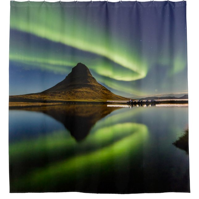 MAN STANDING BESIDE THE BODY OF WATER WITH AURORA  SHOWER CURTAIN (Front)