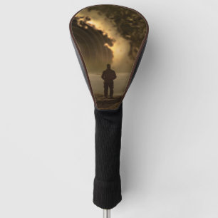 Man standing on a hill looking at a large  golf head cover