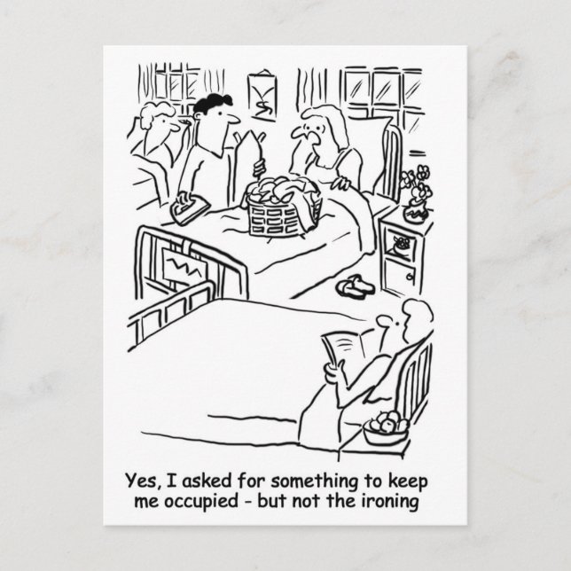 Man takes ironing to wife in hospital postcard (Front)