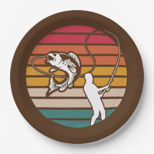 Man Trout Fiashing Retro Sunset Plates