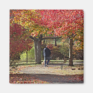 Man Walking Dog in Autumn Park Magnet