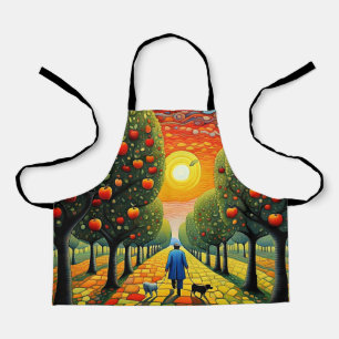 Man walking dogs in Apple orchard Apron