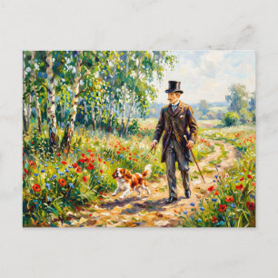 Man Walking Field Path with Cavalier Spaniel Postcard