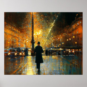 Man walking in a wet Paris Street Impressionism Poster