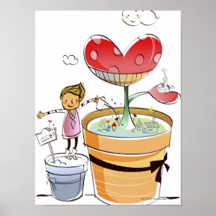 Man watering a potted plant poster