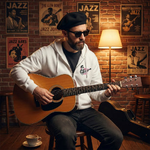 Man Wearing Beret Playing Acoustic Guitar Hoodie