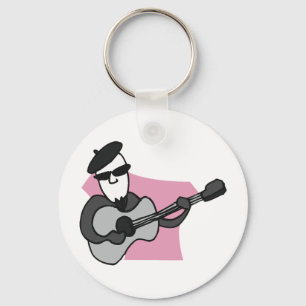 Man Wearing Beret Playing Acoustic Guitar Key Ring