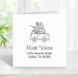 Man with Dog Driving Car Cartoon Address Rubber Stamp