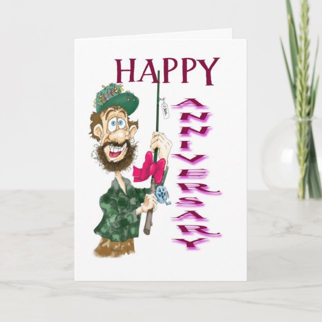 Man with fishing pole Happy Anniversary Card (Front)