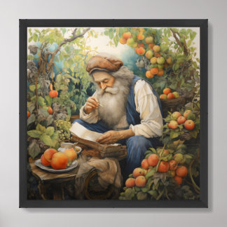 Man with grey beard reading in his fruit garden poster