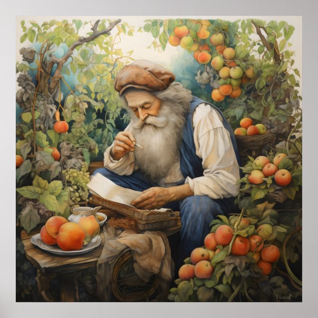 Man with grey beard reading in his fruit garden poster (Front)