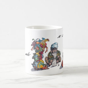 Man with laundry piled high with iron and candle coffee mug