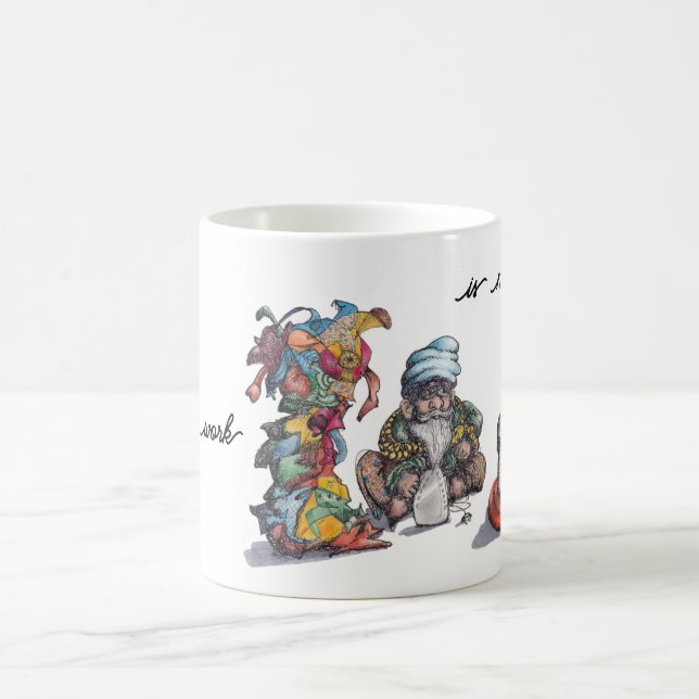 Man with laundry piled high with iron and candle coffee mug (Center)