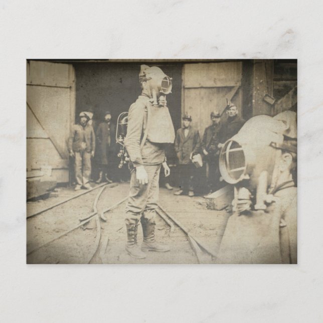 Man with oxygen helmet at a coal mine postcard (Front)