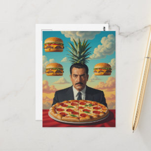 Man With Pizza and Cheeseburgers in the SkySurreal Postcard