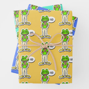 Man with Smiling Frog Head on Yellow AI Art Wrapping Paper Sheet