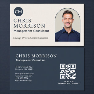 Management Consultant Photo QR Code Navy Blue Business Card