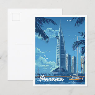 Manama City Bahrain Vintage Travel Illustration Postcard