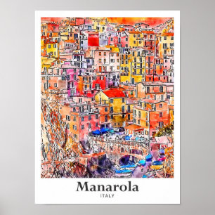 Manarola Italy Travel Watercolor Hand Drawn Sketch Poster