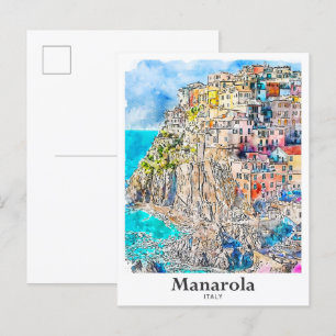 Manarola Italy Travel Watercolor Illustration Postcard
