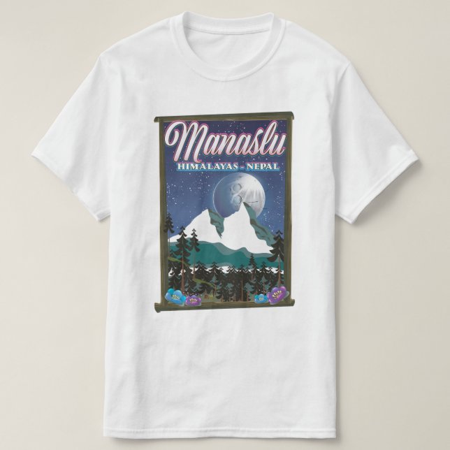 Manaslu Himalayas Nepal travel poster map T-Shirt (Design Front)