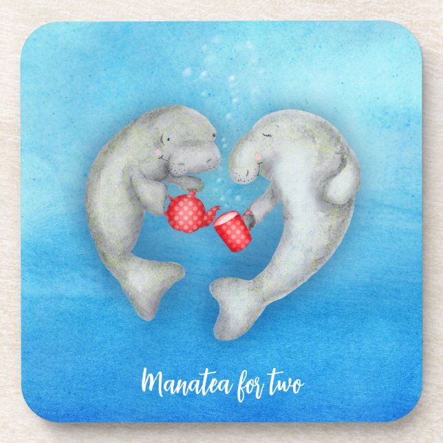 'Manatea for two' tea drinking manatees coaster (Front)