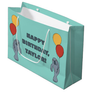 Manatee and Balloons Custom Birthday Party Large Gift Bag