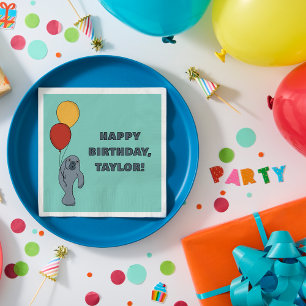 Manatee and Balloons Custom Birthday Party Napkin