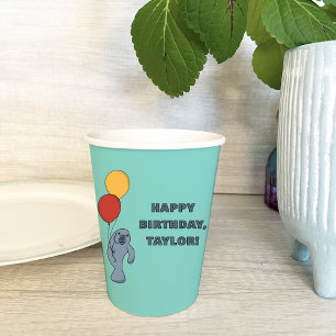 Manatee and Balloons Custom Birthday Party Paper Cups