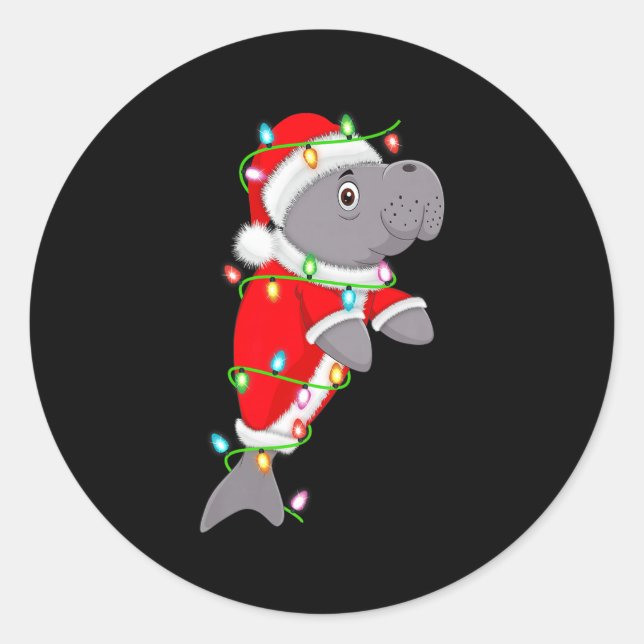 Manatee Christmas Lights Santa Costume Cute Animal Classic Round Sticker (Front)