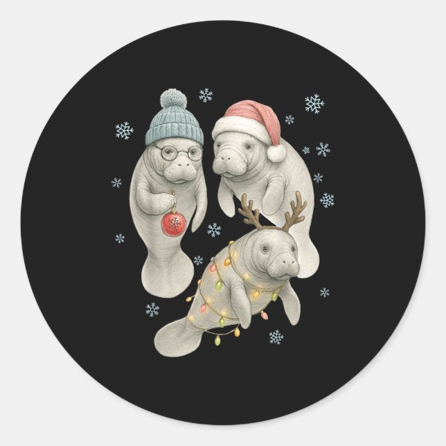 Manatee Christmas Manatee Santa Reindeer Lights Wo Classic Round Sticker (Front)
