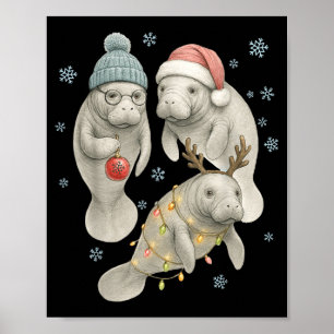 Manatee Christmas Manatee Santa Reindeer Lights Wo Poster