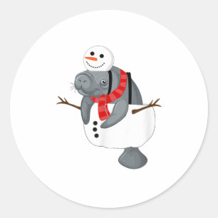 Manatee Christmas Snowman Carrot Nose S Classic Round Sticker