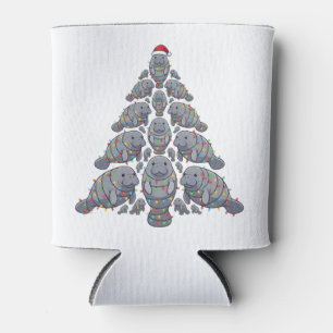 Manatee Christmas Tree Santa Hat Christmas Lights Can Cooler