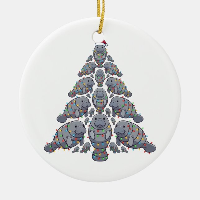 Manatee Christmas Tree Santa Hat Christmas Lights  Ceramic Tree Decoration (Front)