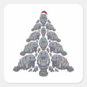 Manatee Christmas Tree Santa Hat Christmas Lights  Square Sticker