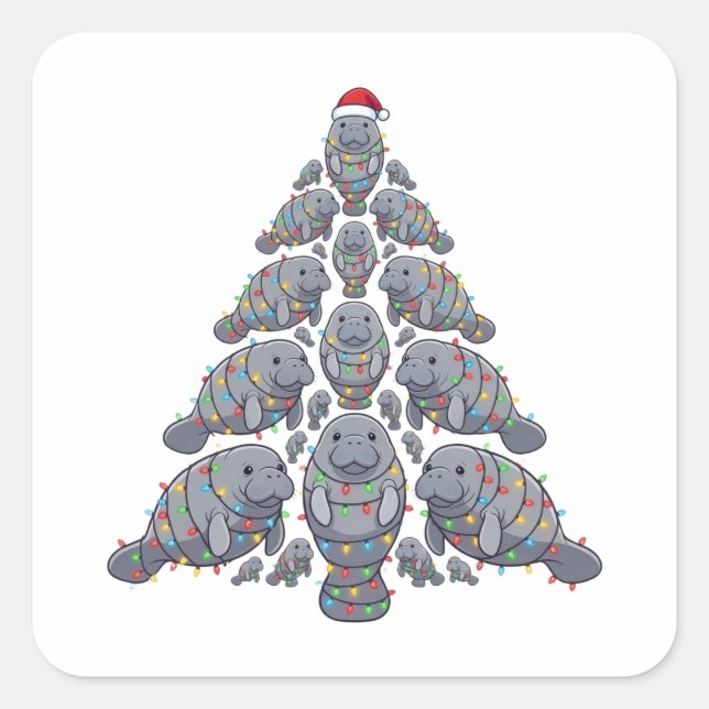 Manatee Christmas Tree Santa Hat Christmas Lights  Square Sticker (Front)