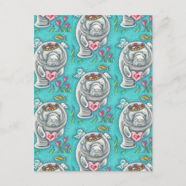 MANATEE CUPID, BUBBLES & HEARTS COLORFUL VALENTINE HOLIDAY POSTCARD (Front)