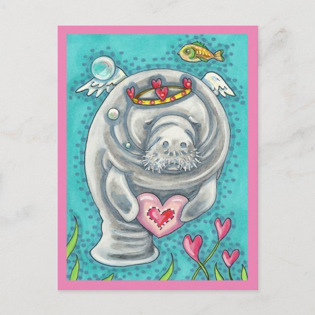 MANATEE CUPID, BUBBLES & HEARTS COLORFUL VALENTINE HOLIDAY POSTCARD (Front)