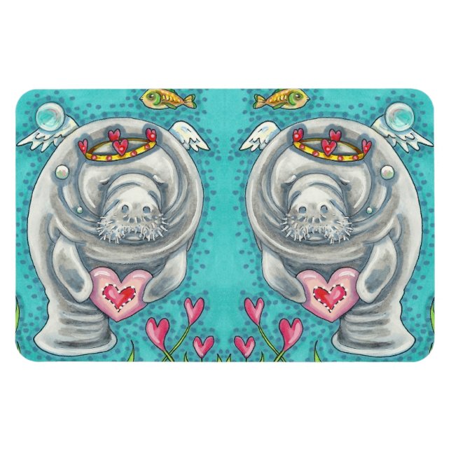 MANATEE CUPID, BUBBLES & HEARTS COLORFUL VALENTINE MAGNET (Horizontal)