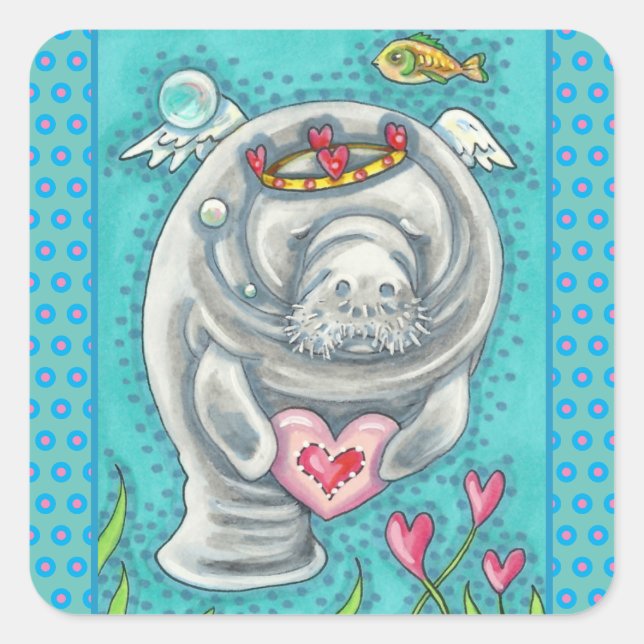 MANATEE CUPID, BUBBLES & HEARTS COLORFUL VALENTINE SQUARE STICKER (Front)