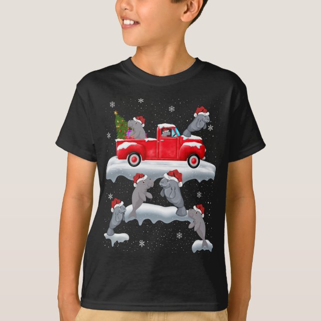 Manatee Driving Christmas Tree Red Truck Manatee C T-Shirt (Front)