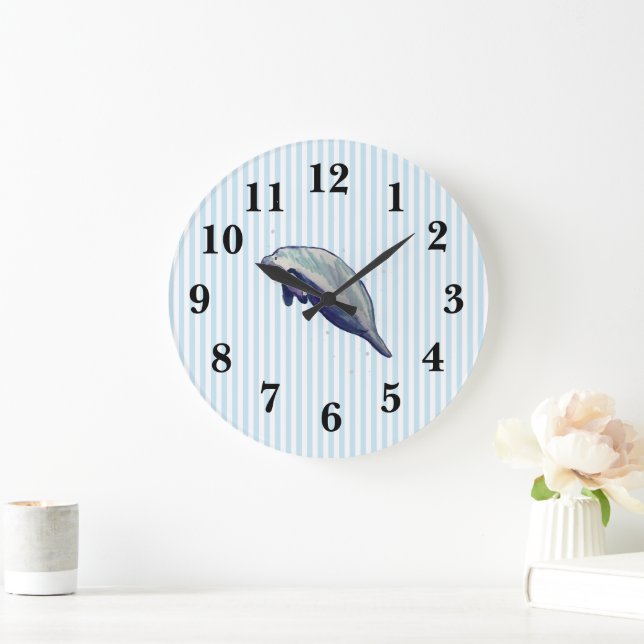 Manatee Florida Wildlife Blue Stripe Large Clock (Home)