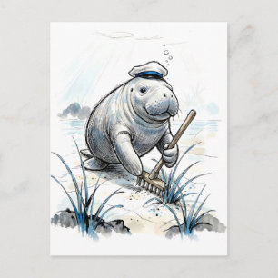 Manatee Gardening Coastal Meadow in Gentle Ink Ill Postcard